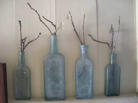 Blue glass bottles with branches arranged on a shelf
