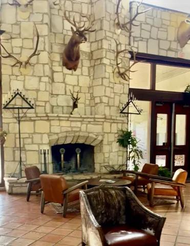 Stone fireplace and collected furnishings