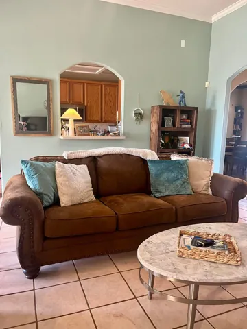 A living room with a brown sofa, soft blue cushions, and natural light